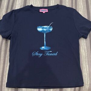 Edikted Navy Blue Crop Top with Drink Graphic